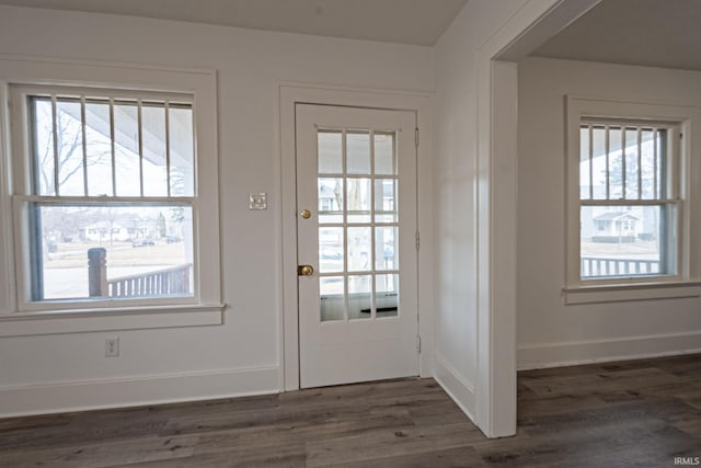 doorway to outside with baseboards and dark wood finished floors