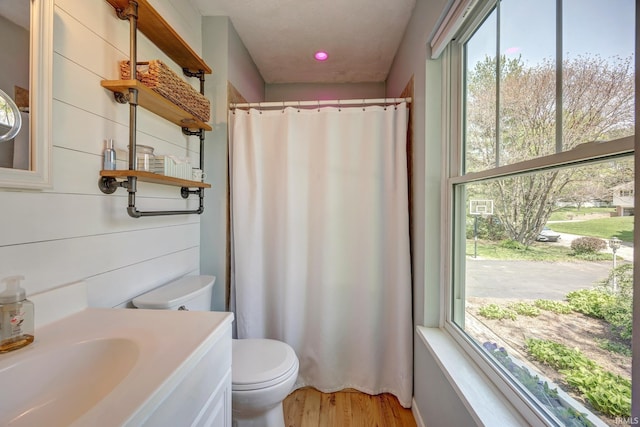 bathroom featuring vanity, wood finished floors, a wealth of natural light, and toilet