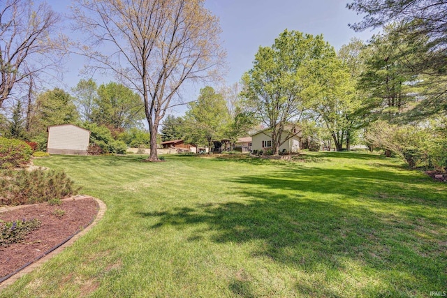 view of yard featuring a storage shed and an outdoor structure