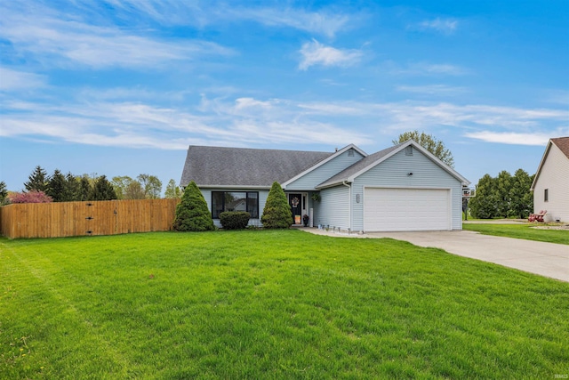 single story home with driveway, fence, a front lawn, an attached garage, and a shingled roof
