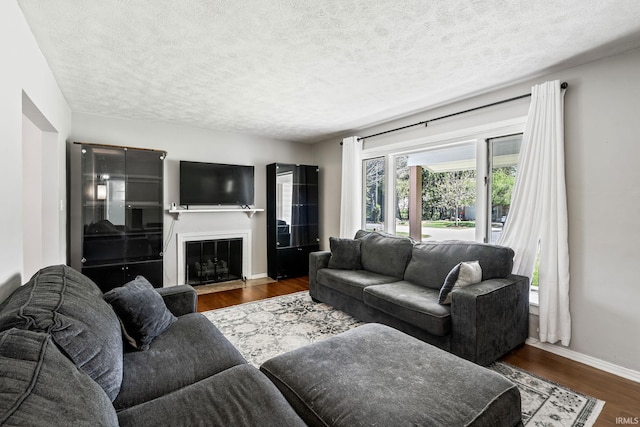 706 Ruse St, North Manchester, IN 46962 - living area with a fireplace with flush hearth, baseboards, dark wood-style floors, and a textured ceiling