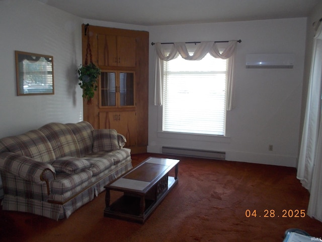 living room with a baseboard radiator, carpet, and a wall mounted air conditioner
