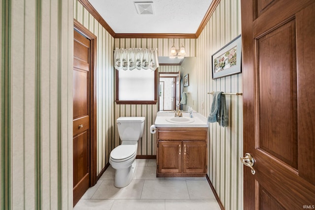 14157 Tenbury Dr, Granger, IN 46530 - bathroom with wallpapered walls, toilet, visible vents, and crown molding