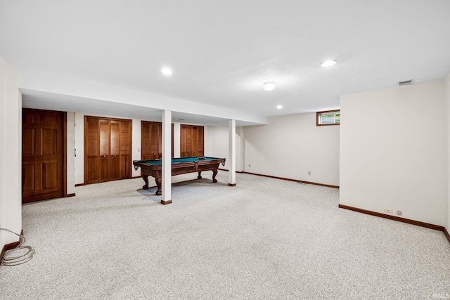 14157 Tenbury Dr, Granger, IN 46530 - rec room with carpet, pool table, visible vents, baseboards, and recessed lighting