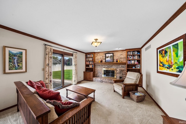 14157 Tenbury Dr, Granger, IN 46530 - living room with light colored carpet, visible vents, built in shelves, a brick fireplace, and baseboards