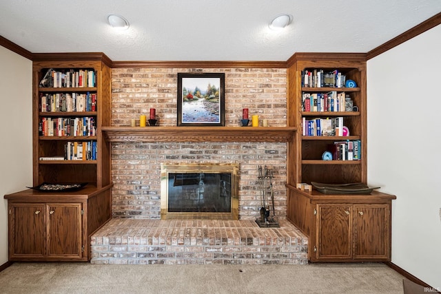 14157 Tenbury Dr, Granger, IN 46530 - living room with a fireplace, a textured ceiling, carpet flooring, and baseboards