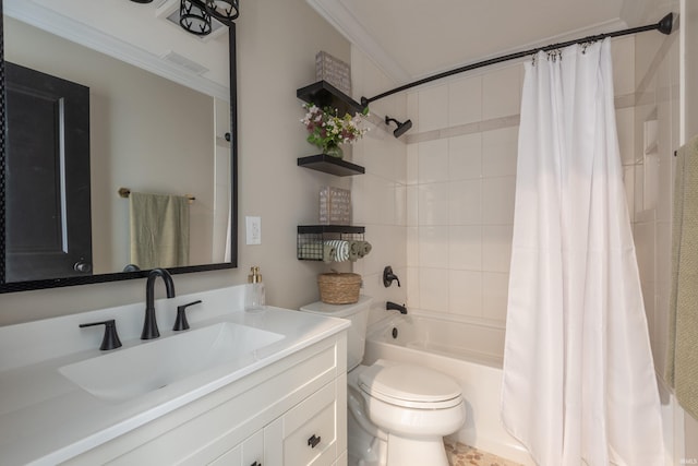 full bathroom featuring vanity, shower / bath combo with shower curtain, toilet, visible vents, and ornamental molding