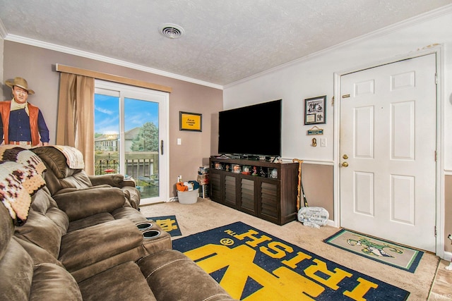 carpeted living area with crown molding, a textured ceiling, and visible vents
