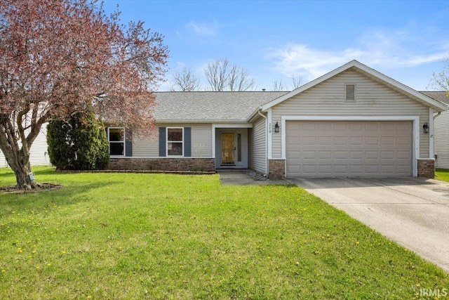 ranch-style house featuring a garage, a front yard, brick siding, a shingled roof, and driveway