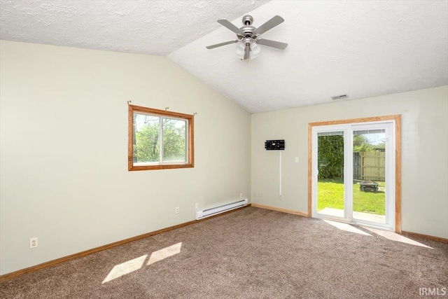 empty room with baseboard heating, carpet floors, baseboards, a healthy amount of sunlight, and visible vents