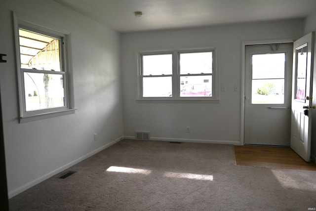 interior space with baseboards, carpet flooring, and visible vents