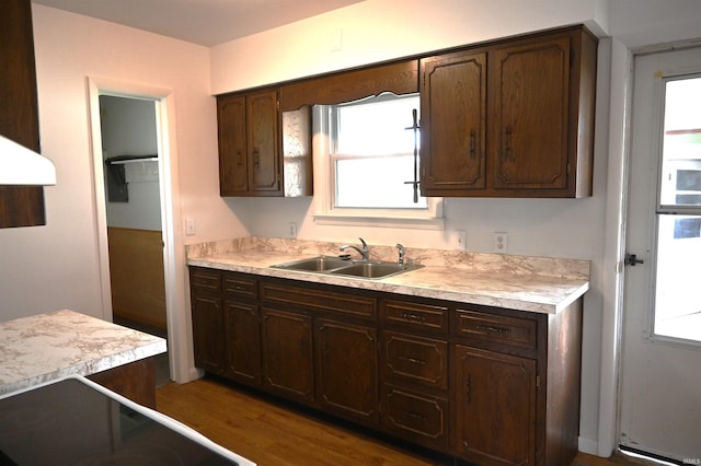 kitchen with a sink, a wealth of natural light, dark brown cabinets, and light countertops