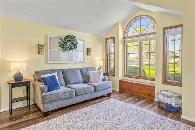 living area featuring baseboards, wood finished floors, and lofted ceiling