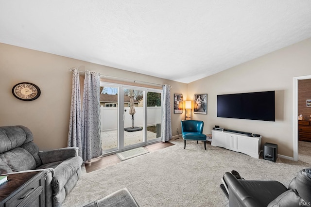 living room featuring baseboards and lofted ceiling