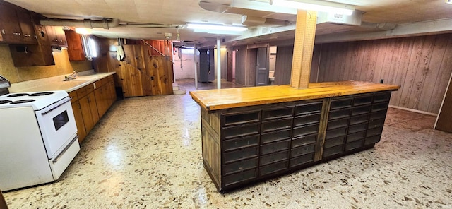 kitchen with wood walls and electric stove