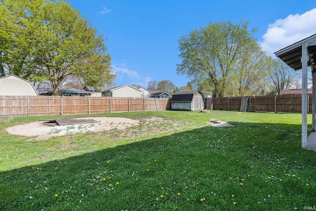 view of yard with an outbuilding, a shed, and a fenced backyard