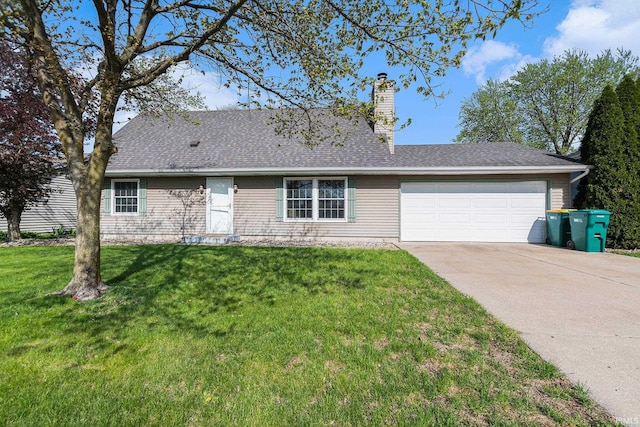 ranch-style house with a chimney, a garage, a front yard, and concrete driveway