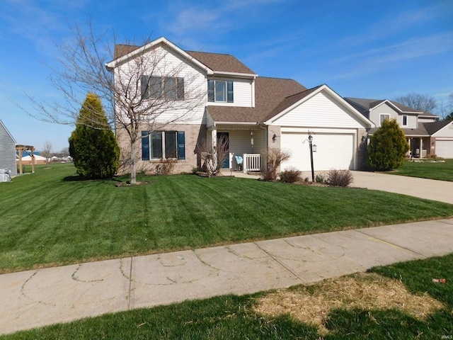 traditional-style house with concrete driveway, covered porch, a front yard, and a garage