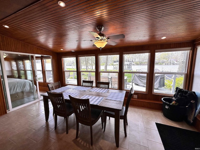 sunroom / solarium with plenty of natural light, wood walls, and wood ceiling