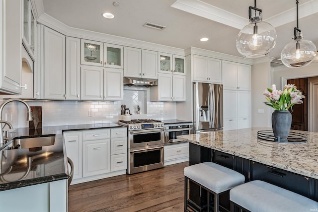kitchen featuring visible vents, appliances with stainless steel finishes, a sink, ornamental molding, and under cabinet range hood