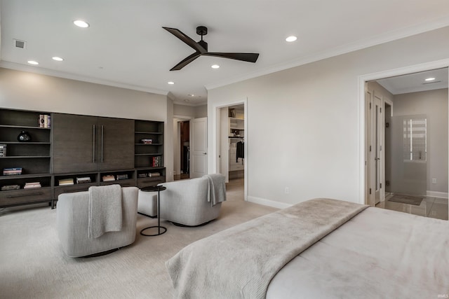 bedroom featuring crown molding, recessed lighting, baseboards, and visible vents