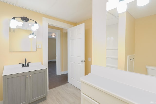 bathroom featuring vanity, wood finished floors, and toilet