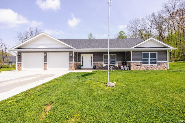 ranch-style home with a shingled roof, an attached garage, a front lawn, stone siding, and concrete driveway