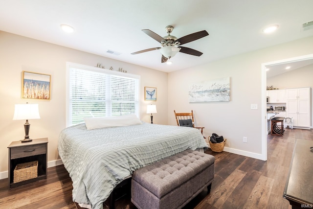 bedroom with ceiling fan, dark wood-style flooring, visible vents, baseboards, and recessed lighting