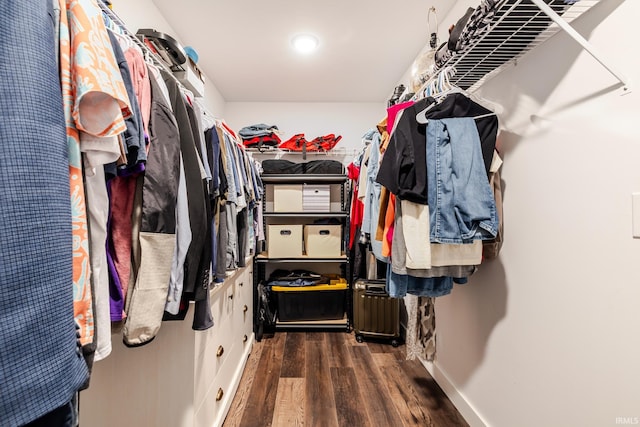 walk in closet with wood finished floors