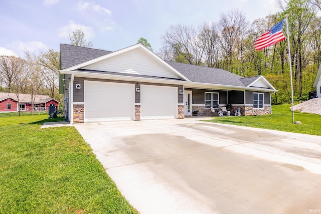 view of front of property featuring concrete driveway, an attached garage, a shingled roof, and stone siding