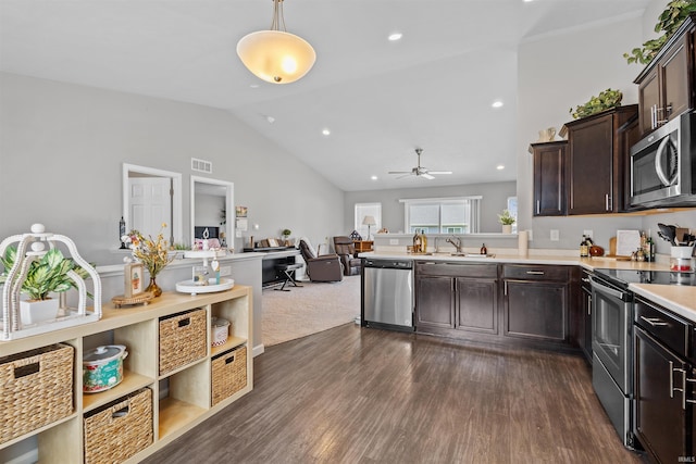 51779 Hannigan Dr, South Bend, IN 46637 - kitchen featuring appliances with stainless steel finishes, dark brown cabinets, light countertops, dark wood-type flooring, and lofted ceiling