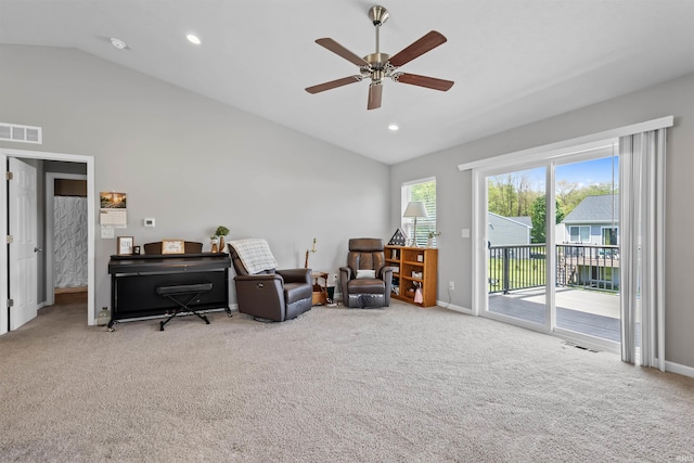 51779 Hannigan Dr, South Bend, IN 46637 - sitting room featuring lofted ceiling, carpet floors, ceiling fan, baseboards, and recessed lighting