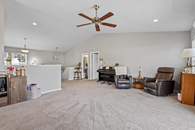 51779 Hannigan Dr, South Bend, IN 46637 - carpeted living area with lofted ceiling, a ceiling fan, recessed lighting, and baseboards