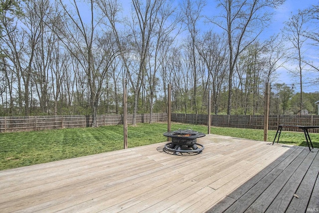 wooden deck with a fenced backyard, an outdoor fire pit, and a yard