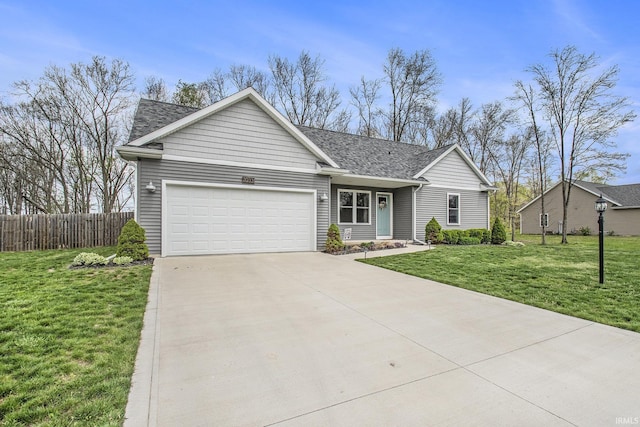 single story home featuring roof with shingles, a garage, fence, a front lawn, and concrete driveway