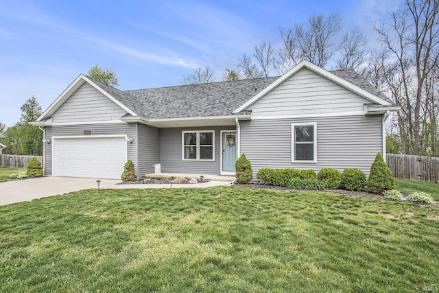 single story home with driveway, roof with shingles, fence, a front lawn, and an attached garage