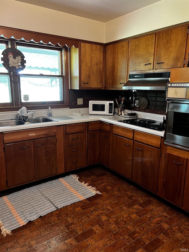 607 Troy Rd, Washington, IN 47501 - kitchen featuring a sink, white microwave, black electric stovetop, under cabinet range hood, and oven
