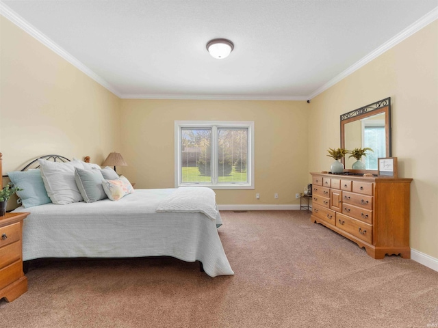 bedroom featuring baseboards, ornamental molding, and light colored carpet