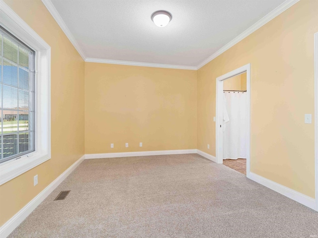 spare room featuring carpet floors, ornamental molding, baseboards, and visible vents