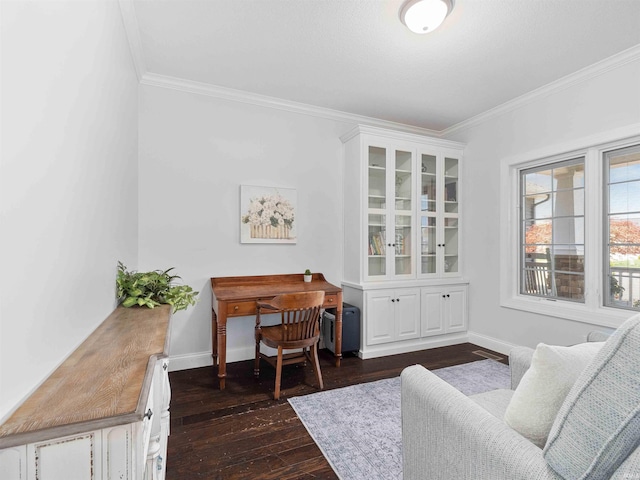 office space with crown molding, baseboards, and dark wood-style floors