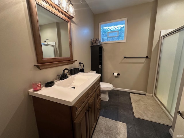 8679 E 850th St, New Carlisle, IN 46552 - full bathroom with tile patterned flooring, vanity, toilet, baseboards, and a stall shower