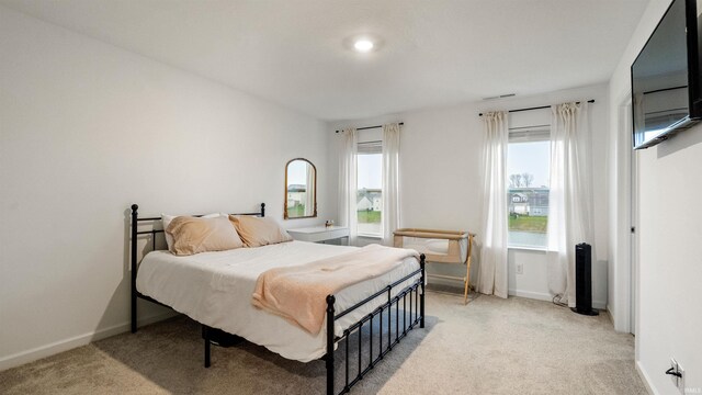 bedroom featuring light colored carpet, baseboards, and multiple windows