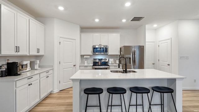 kitchen featuring appliances with stainless steel finishes, a sink, decorative backsplash, light wood-type flooring, and visible vents
