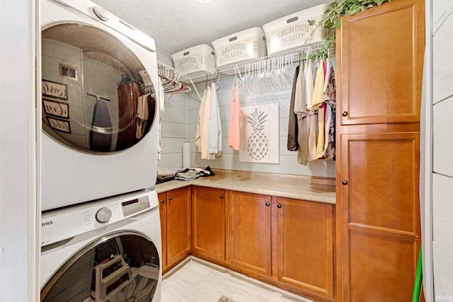 119 Southridge Dr, Fort Wayne, IN 46825 - washroom with cabinet space, a textured ceiling, and stacked washer / dryer