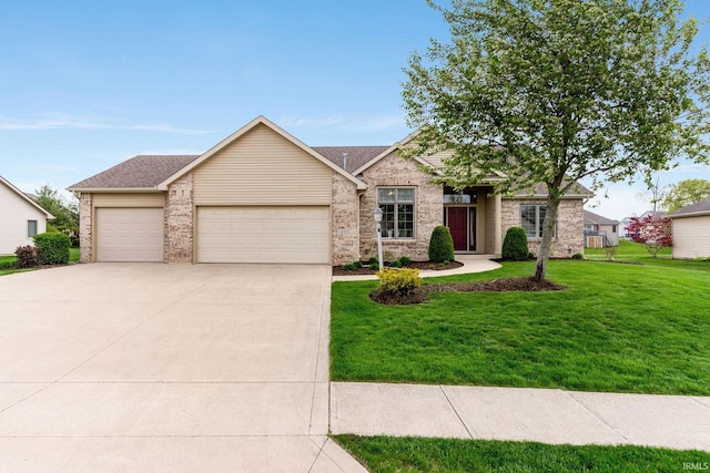 ranch-style home with an attached garage, a front lawn, driveway, and brick siding
