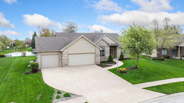 view of front of home featuring a front yard, brick siding, concrete driveway, an attached garage, and a shingled roof