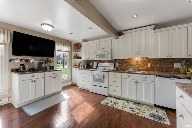 kitchen featuring open shelves, decorative backsplash, white appliances, dark wood-style floors, and a sink