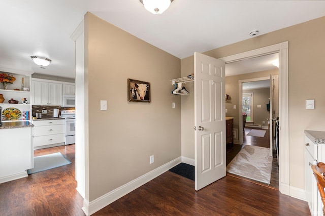 hall featuring baseboards, a baseboard heating unit, and dark wood-style floors