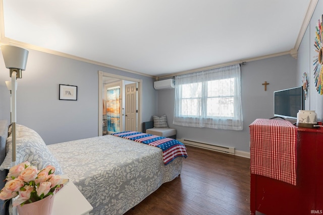 bedroom with crown molding, wood finished floors, baseboards, a baseboard radiator, and an AC wall unit