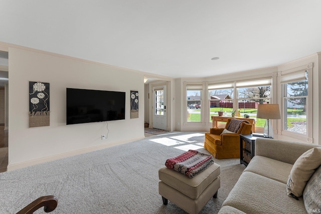 carpeted living area with baseboards and ornamental molding
